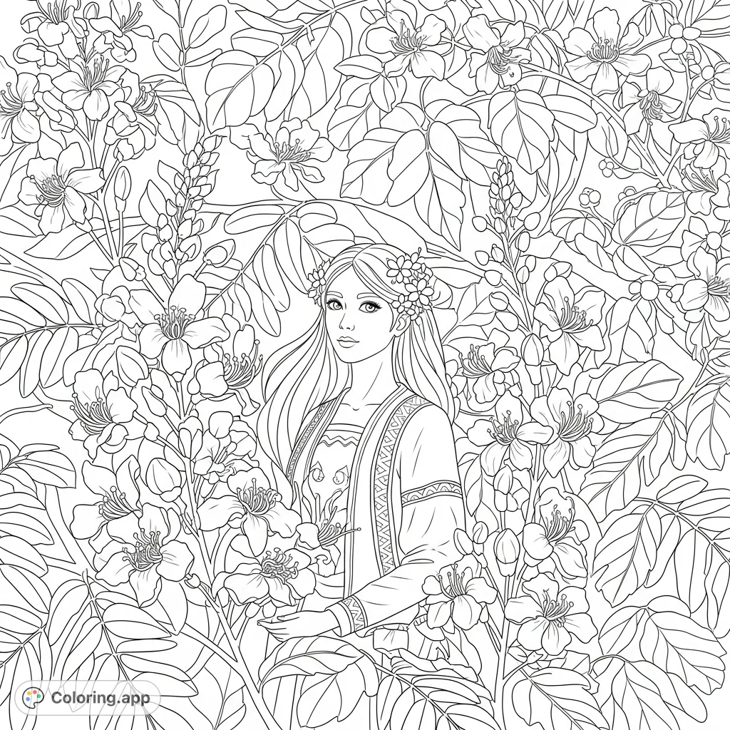 Discover a charming Rātā girl surrounded by intricate Rātā blossoms. This nature-inspired scene is perfect for bringing a lush botanical world to life.