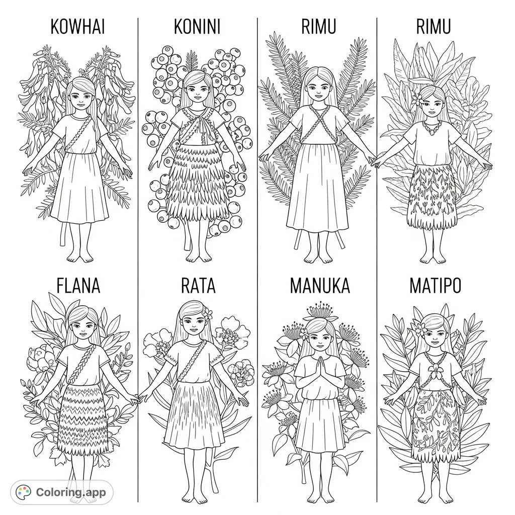 Explore the SMC sisterhood with six sections featuring young girls amidst beautiful native New Zealand flowers and plant life. A detailed floral coloring page.