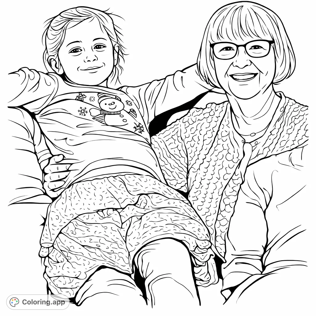 A heartwarming scene of a child in festive attire and an older woman smiling, capturing a joyful family moment perfect for coloring and sharing.