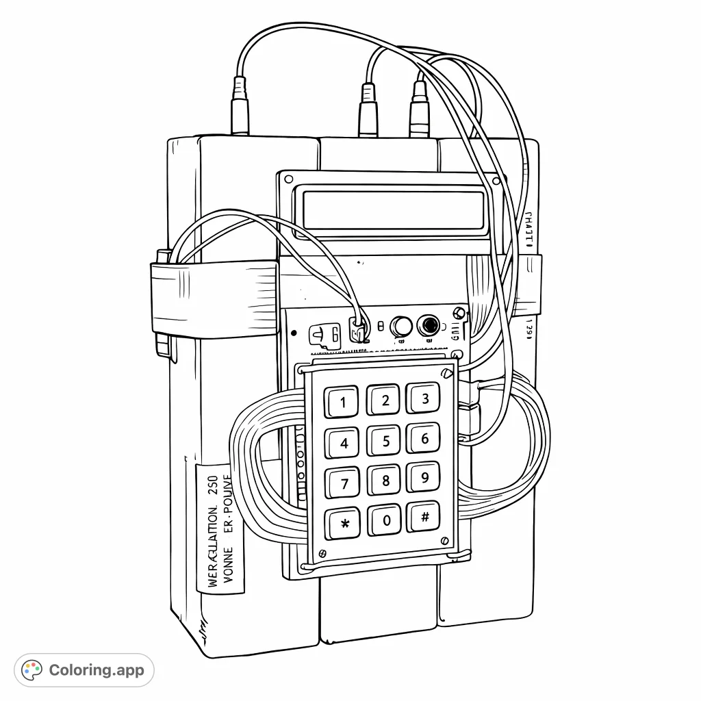 A detailed schematic of a complex electronic device, featuring a keypad, screen, and multiple wires, perfect for intricate coloring.