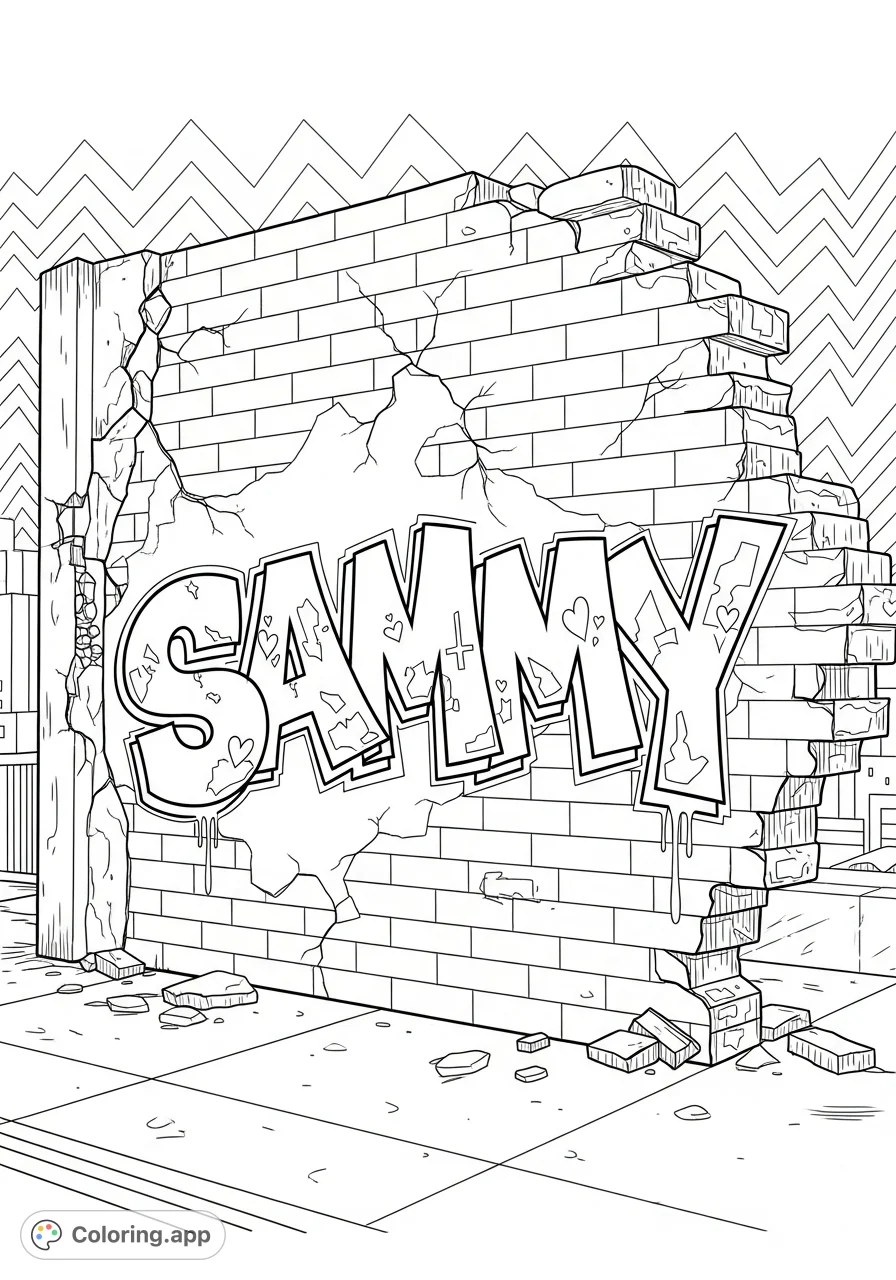 Dive into a vibrant city scene with a broken brick wall featuring bold "Sammy" graffiti. A dynamic urban art coloring page for creative expression.