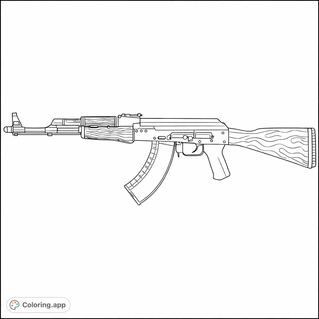 Explore this intricate assault rifle coloring page, featuring detailed mechanical elements, wood grain textures, and complex components for an engaging adult coloring challenge.