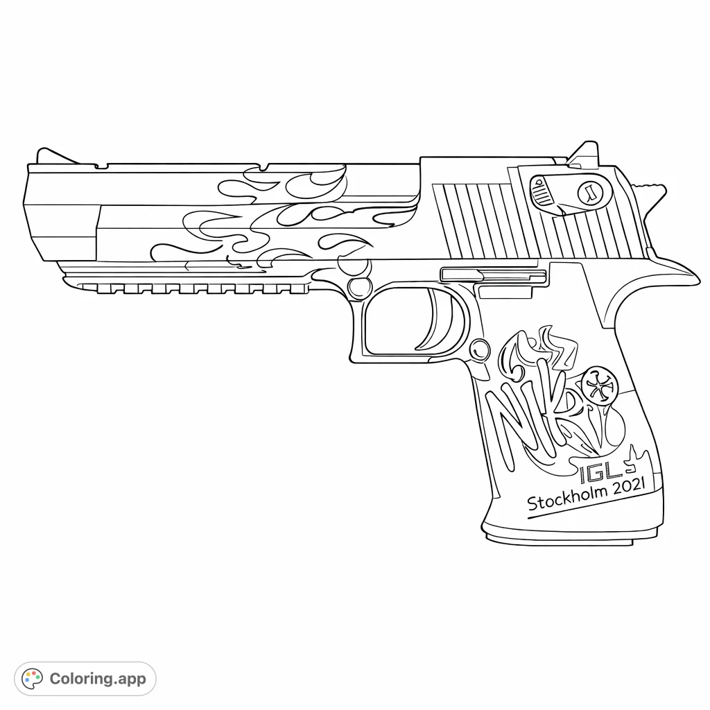 Intricate handgun design with a dynamic flame pattern along the barrel and a stylized graphic on the grip. Perfect for enthusiasts and detailed coloring.