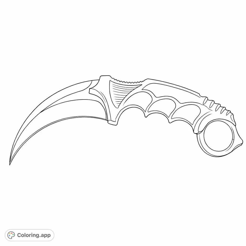 A detailed tactical karambit knife coloring page with a distinctive curved blade and textured handle, perfect for weapon enthusiasts and adult colorists.