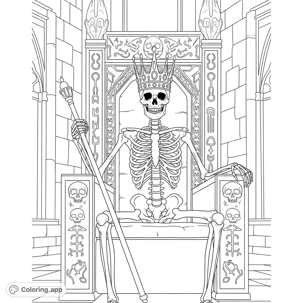 An intricate skeleton king coloring page, featuring a majestic crowned monarch seated on a grand, ornately carved throne within a vast hall.