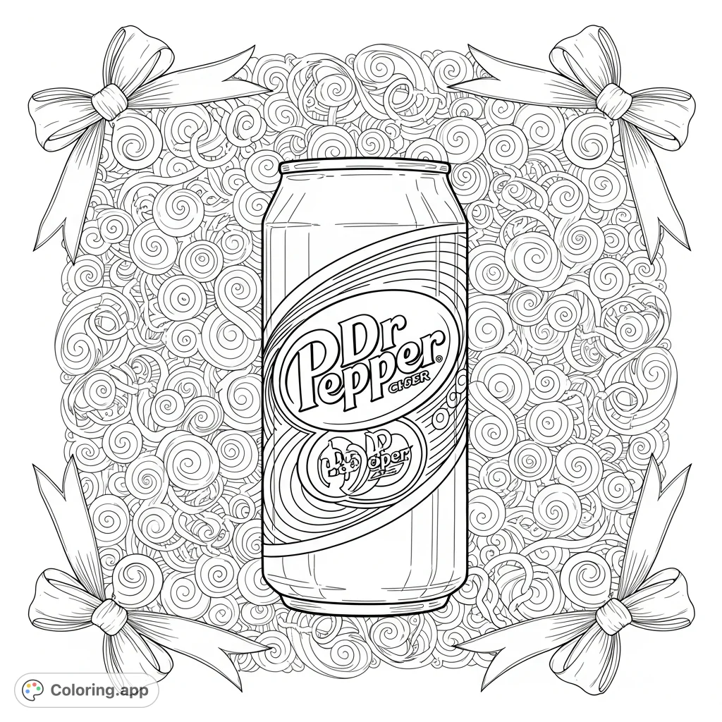 Color a classic Dr. Pepper can/bottle amidst a background of flowing swirls and elegant bows in the corners.