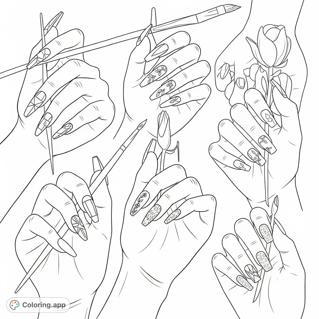 Explore diverse fake nail designs, from elegant shapes to intricate patterns, on multiple hands. Perfect for nail art enthusiasts and aspiring artists.