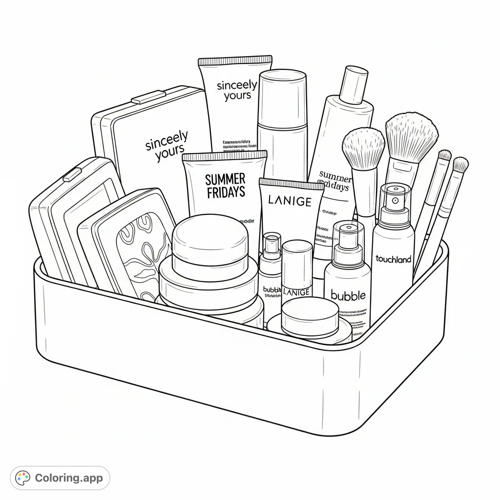 Explore a detailed makeup bin coloring page featuring products from Summer Fridays, Laneige, Bubble, Touchland, and more. Perfect for beauty enthusiasts!