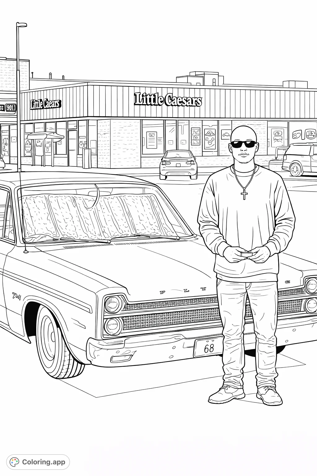 Color a detailed vintage car and a stylish figure in an urban setting. Perfect for enthusiasts of classic vehicles and street art themes.