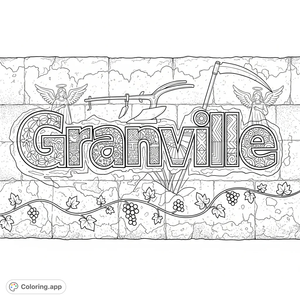 Discover a detailed graffiti coloring page featuring 'Granville' on a textured concrete wall, complete with etched farm tools, angels, and a grape vine.