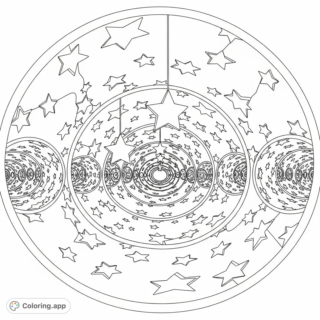 Explore a mesmerizing cosmic tunnel coloring page with converging circular pathways and a multitude of floating stars, offering an immersive escape into illusionary depth.