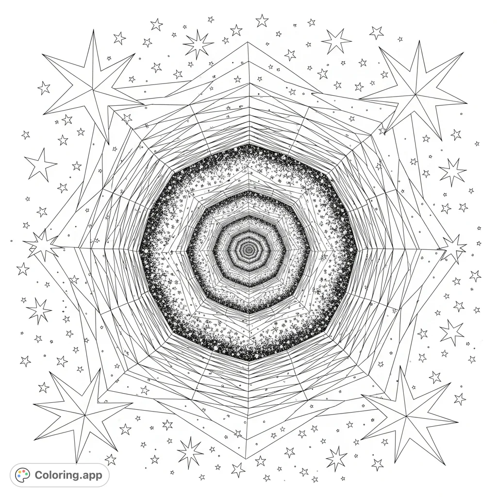 A mesmerizing cosmic portal beckons with a spiraling tunnel, geometric patterns, and a field of stars fading into infinite depth. A captivating sci-fi journey.