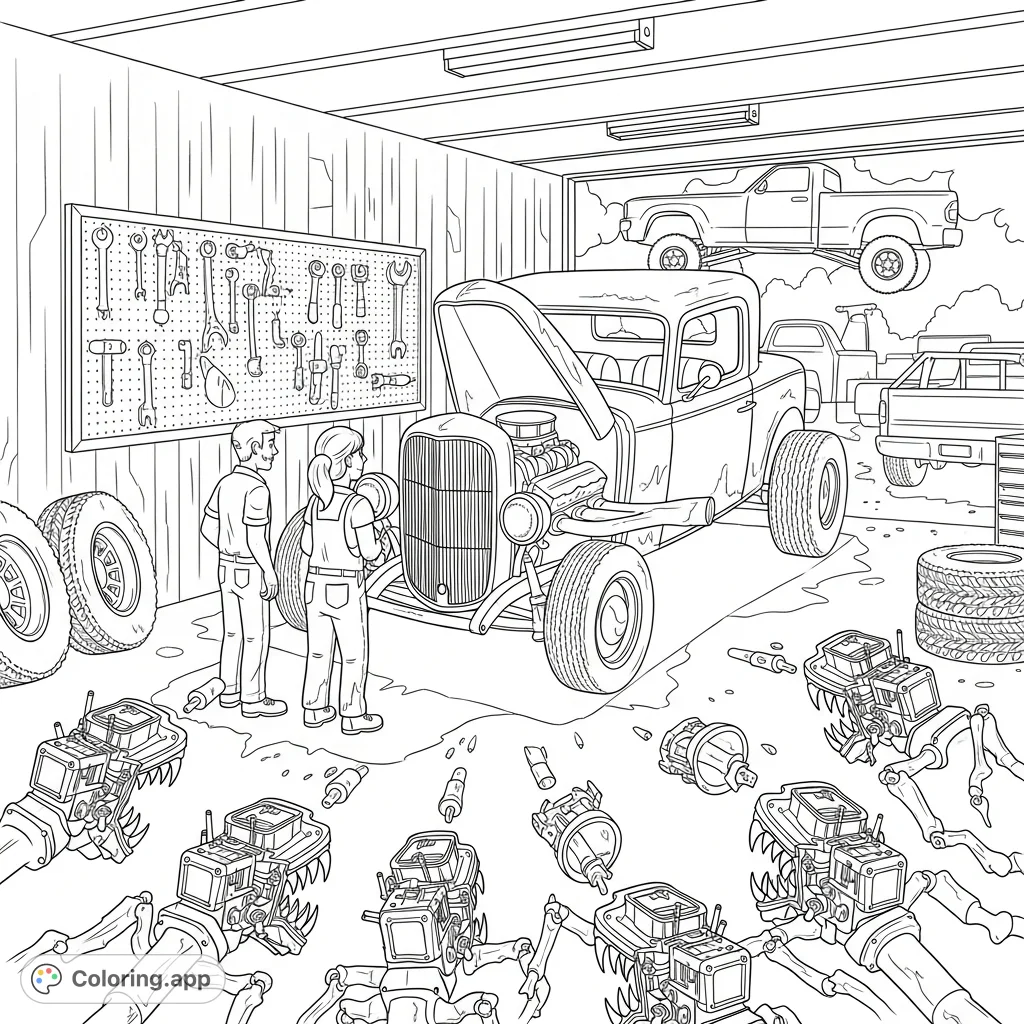 A mechanic and companion face a rebellious hot rod engine as snarling parts crawl from its compartment in a cluttered garage, offering a thrilling coloring page experience.