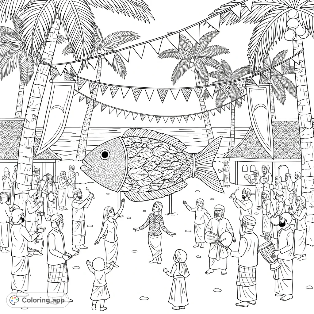 Experience a vibrant Maldivian Eid celebration coloring page! Features a traditional bodumas fish, festive crowds, palm trees, and ocean views.
