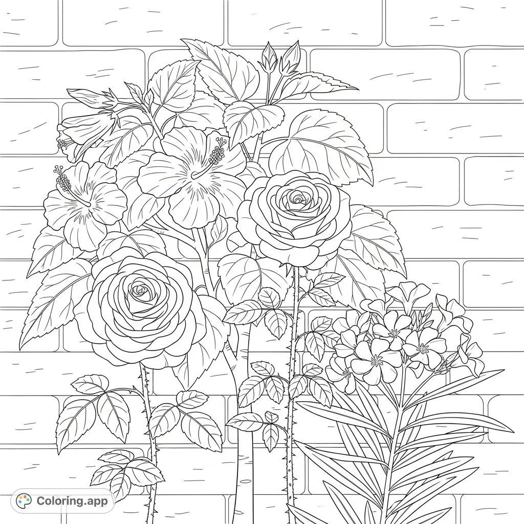 A charming Maldivian flower garden scene featuring a prominent hibiscus tree, a detailed rose plant, and an oleander with a textured brick wall background.