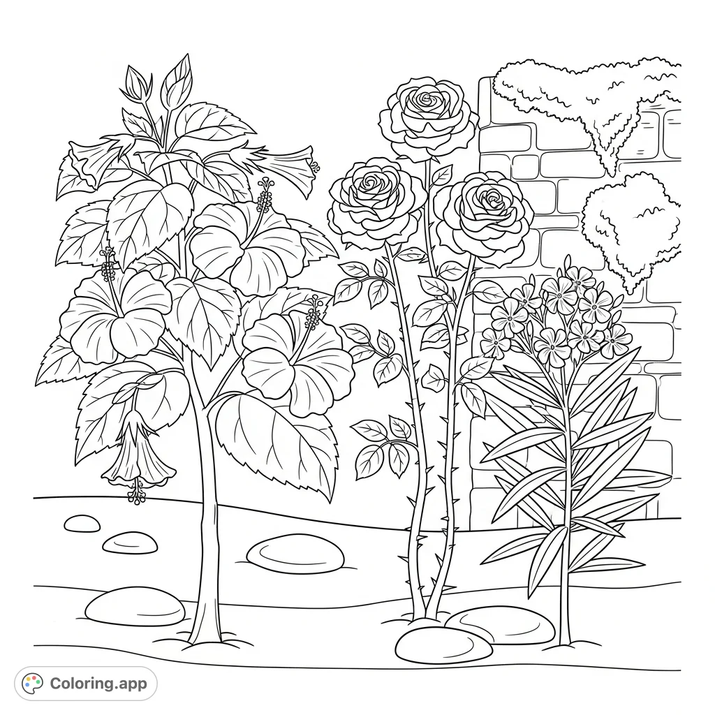 Explore a charming Maldivian flower garden with a hibiscus tree, rose plant, and oleander, set against a mossy wall. A delightful tropical scene for all ages.