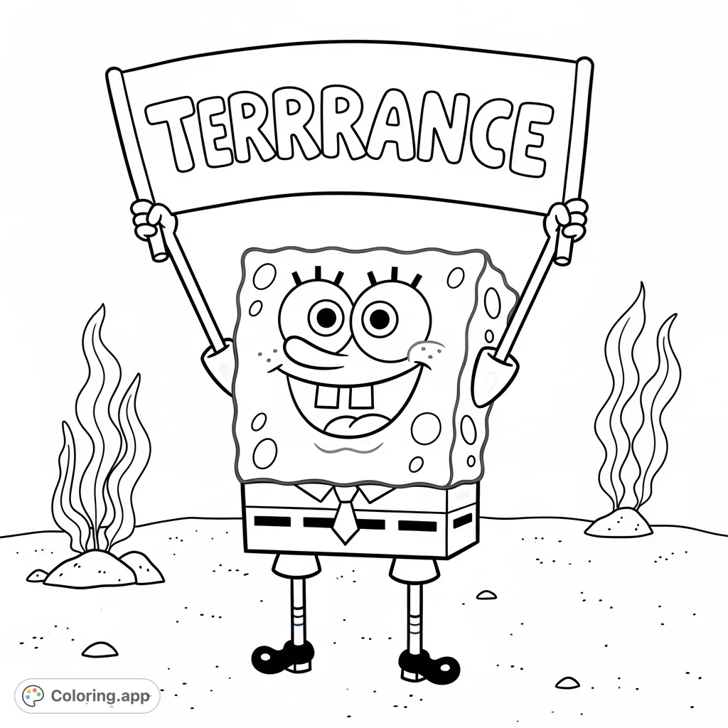 A fun Spongebob Squarepants coloring page featuring the beloved character holding a banner with the name "Terrance" in bubble letters, set in a simple ocean scene.
