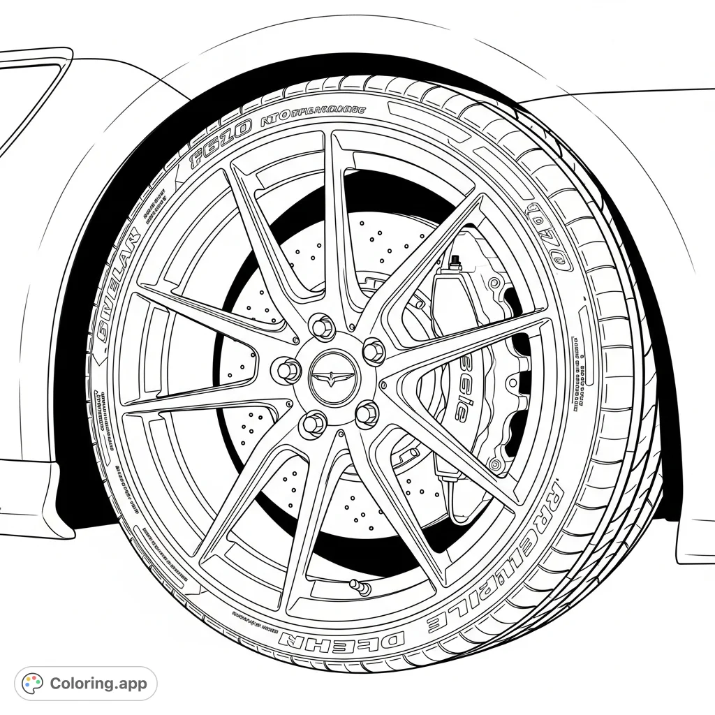 Experience the precision of automotive design with this detailed high-performance car wheel coloring page. Perfect for enthusiasts and adult colorists.