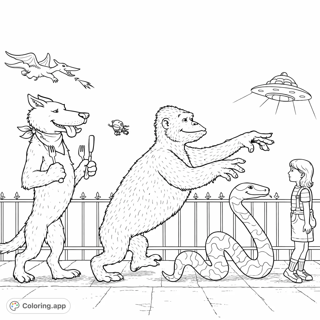 Join a whimsical parade of characters including a wolf, gorilla, snake, and child, with a dragon and UFO in the sky. A unique adventure awaits your artistic touch.