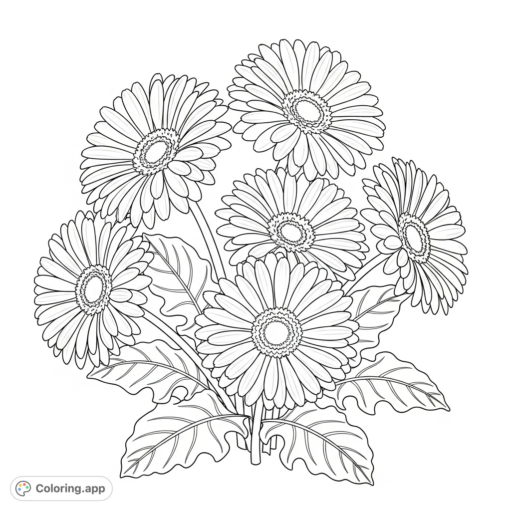 A delightful free printable gerberas coloring page featuring a bountiful bouquet of cheerful flowers, perfect for all ages to bring to life with vibrant hues.
