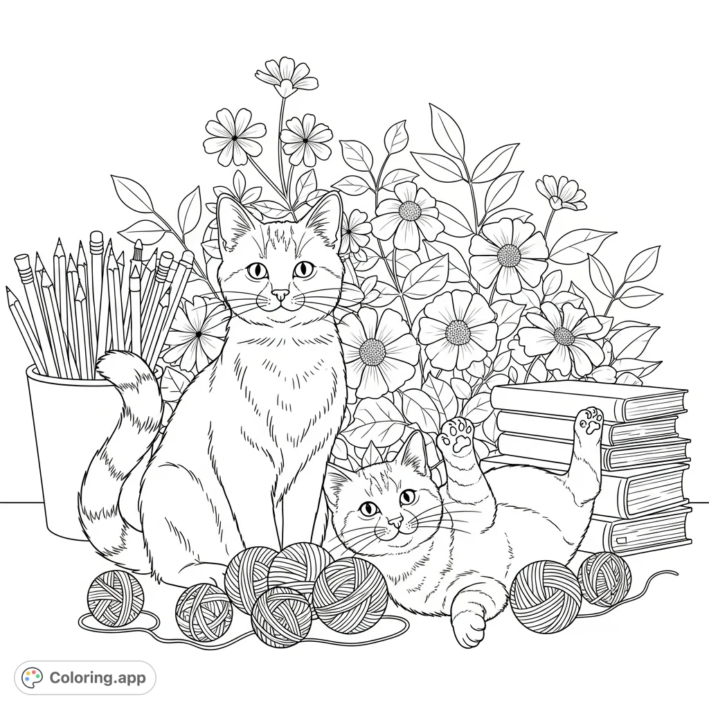A charming cat coloring page featuring two playful felines surrounded by balls of yarn, blooming flowers, pencils, and books, offering a delightful scene to color.
