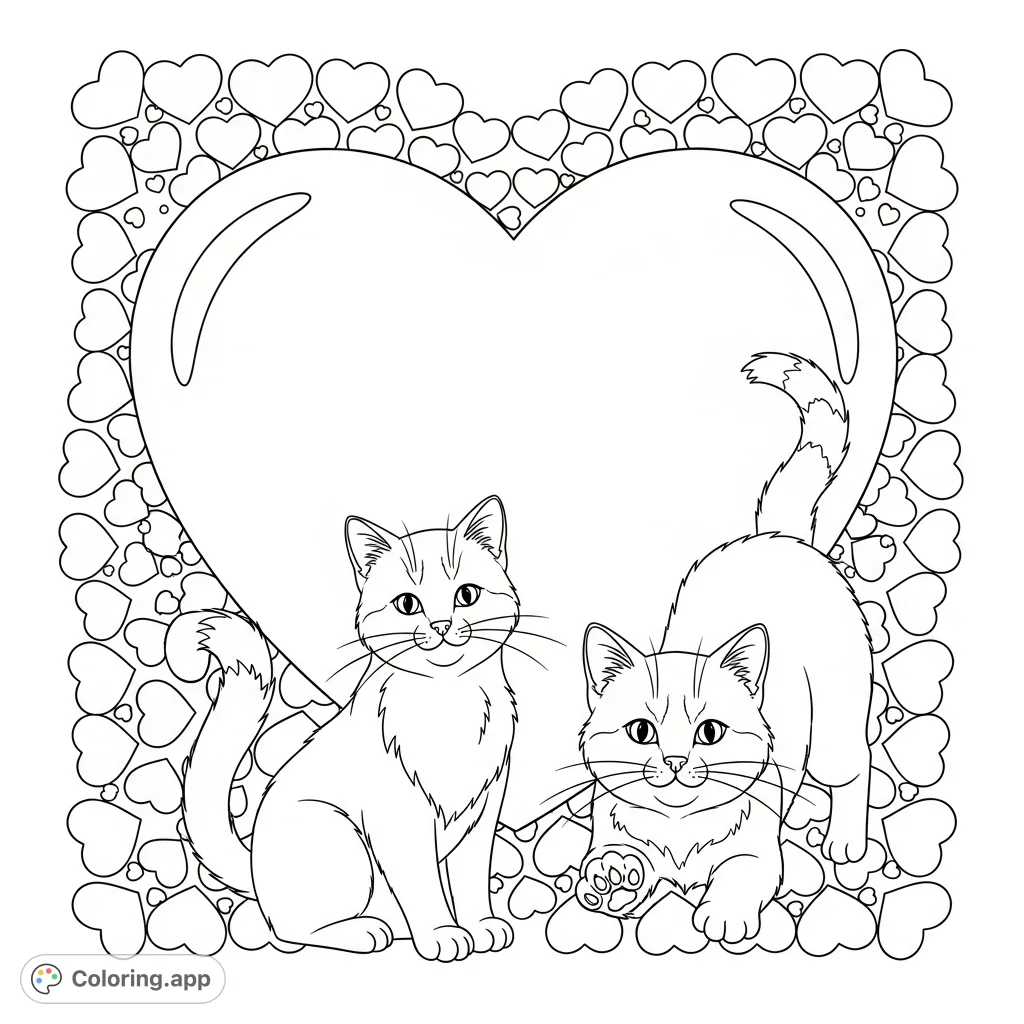 Two charming cats are playfully posed in front of a large heart, framed by a whimsical border of smaller hearts. A delightful scene for all ages.