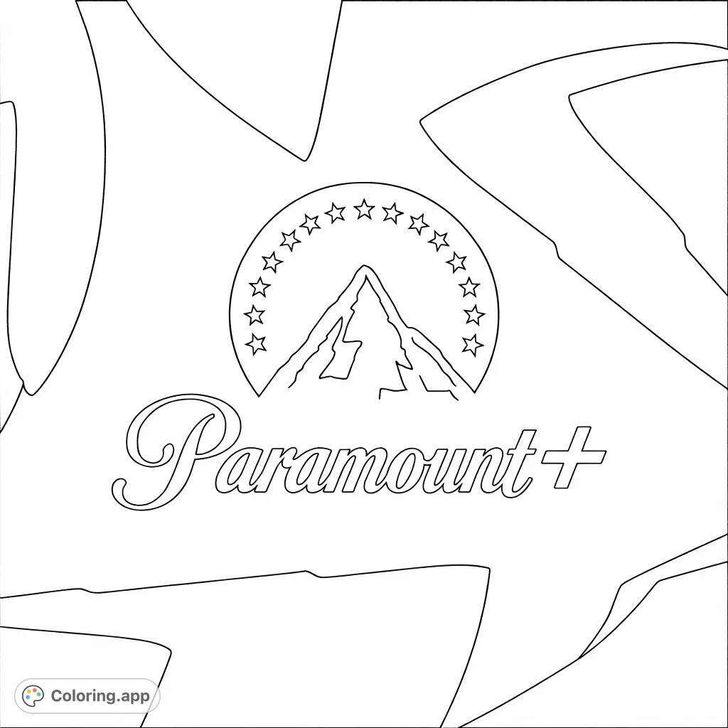 Color this iconic streaming logo featuring a majestic mountain, an arc of stars, and elegant script against a dynamic abstract background.