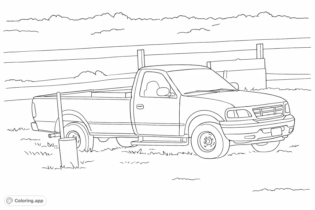A straightforward pickup truck coloring page parked by a guardrail and grassy terrain. Simple lines, realistic proportions, and minimal details for easy coloring.