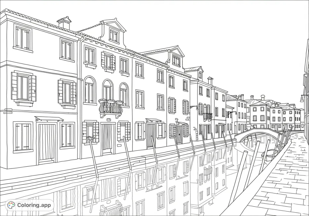 Capture the picturesque charm of Burano, Italy, with this detailed coloring page featuring its iconic canal-side houses and tranquil waterways.
