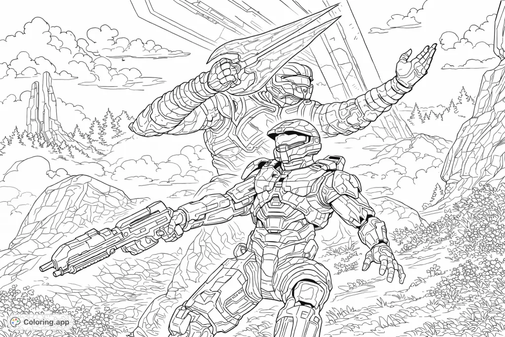 Gear up for an epic sci-fi coloring adventure! Two armored figures dominate a rugged, futuristic landscape with ancient structures and dynamic poses.