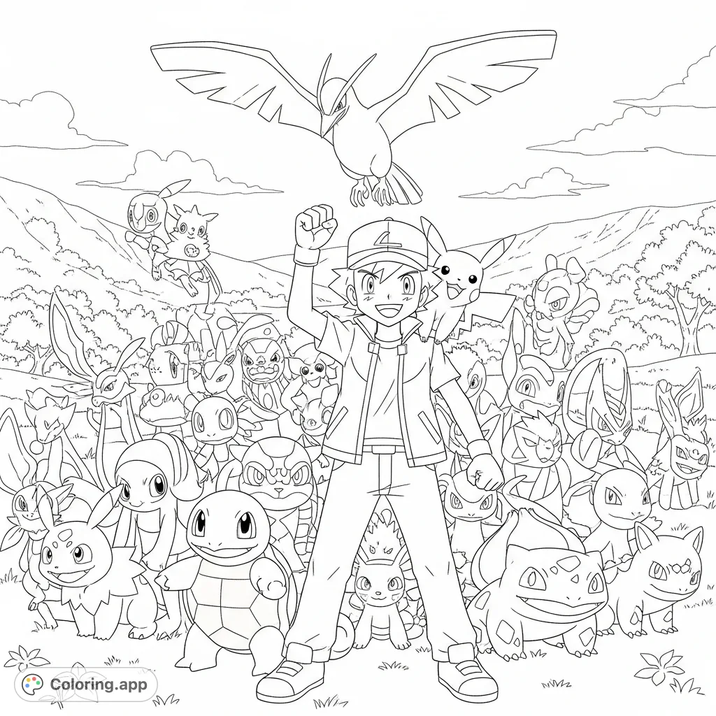 Join Ash Ketchum and his loyal Pokémon companions in this epic adventure scene. A dynamic Ash is surrounded by his diverse team, ready for creative coloring.