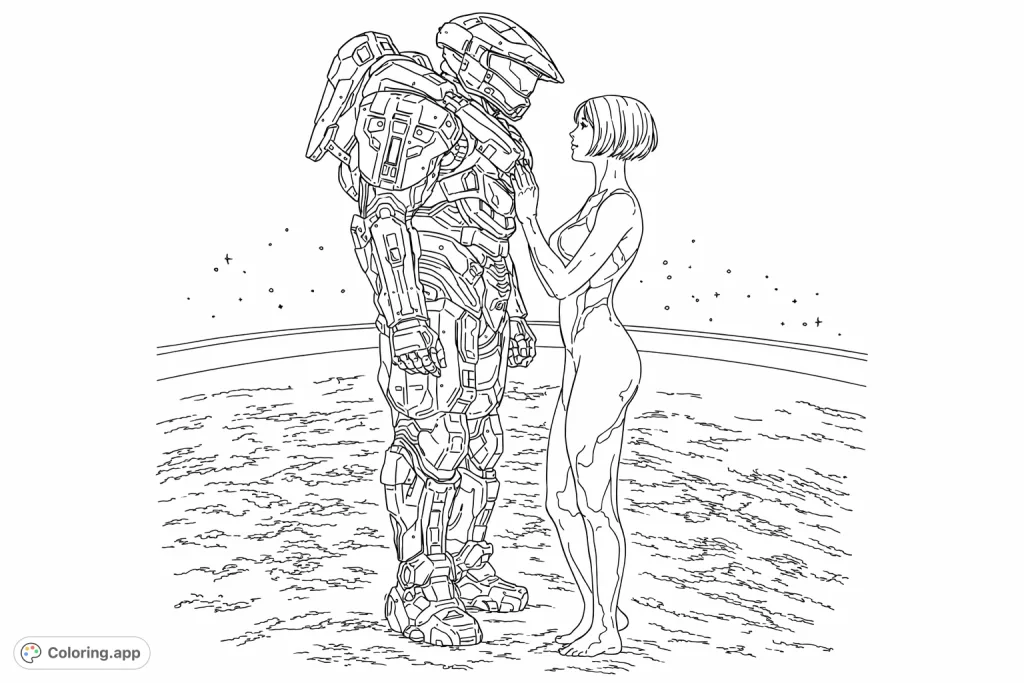 An iconic sci-fi duo, an armored warrior and his ethereal companion, stand in space above a detailed planet. Perfect for fans of futuristic adventures.