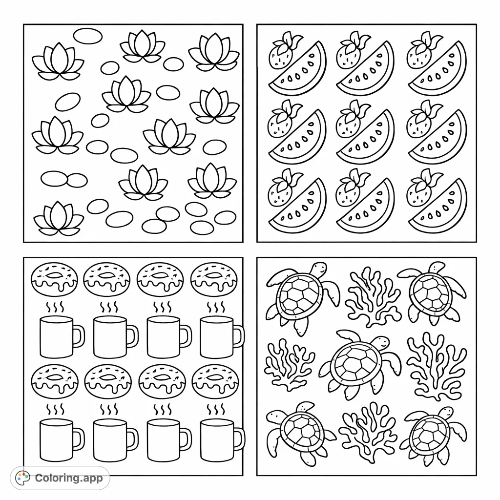 Explore diverse patterns featuring lotus flowers, juicy fruits, warm beverages, and sea creatures. A collection of engaging designs for all ages.