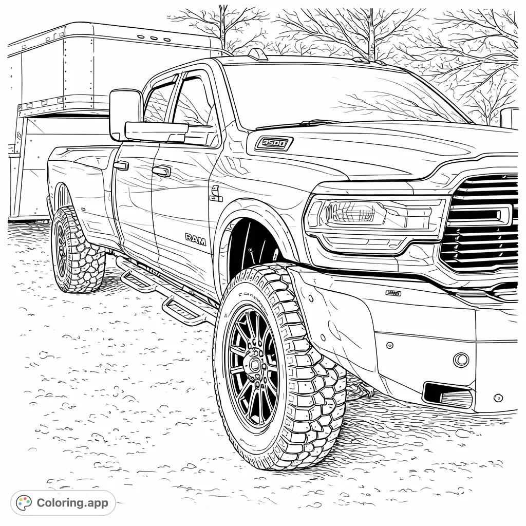 Color a powerful heavy-duty pickup truck with rugged features, massive tires, and an attached utility trailer. Perfect for vehicle enthusiasts!