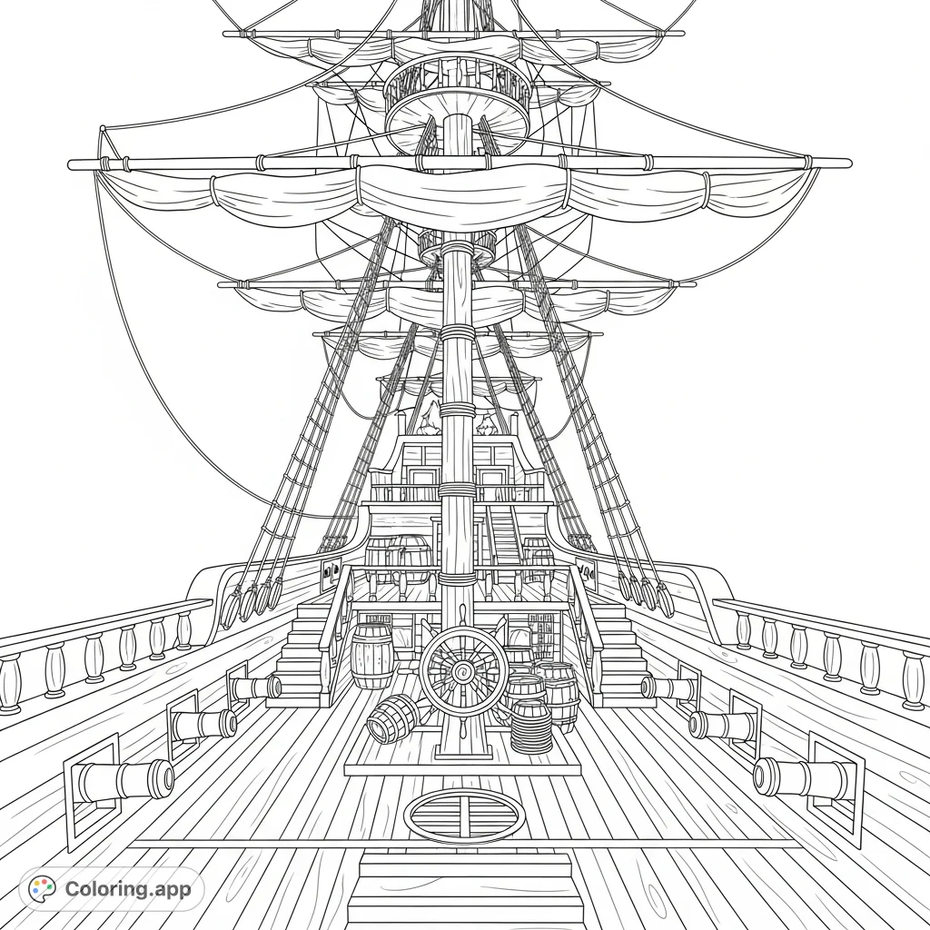 Embark on an epic voyage! This detailed pirate ship coloring page showcases a grand wooden vessel with towering masts, sails, cannons, and a helm.