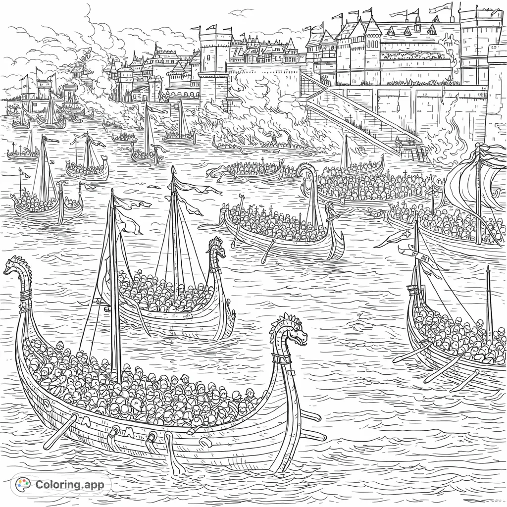 An epic, highly detailed Viking invasion coloring page featuring a fleet of longships approaching a fortified city with rising smoke. Perfect for history lovers and advanced colorists.