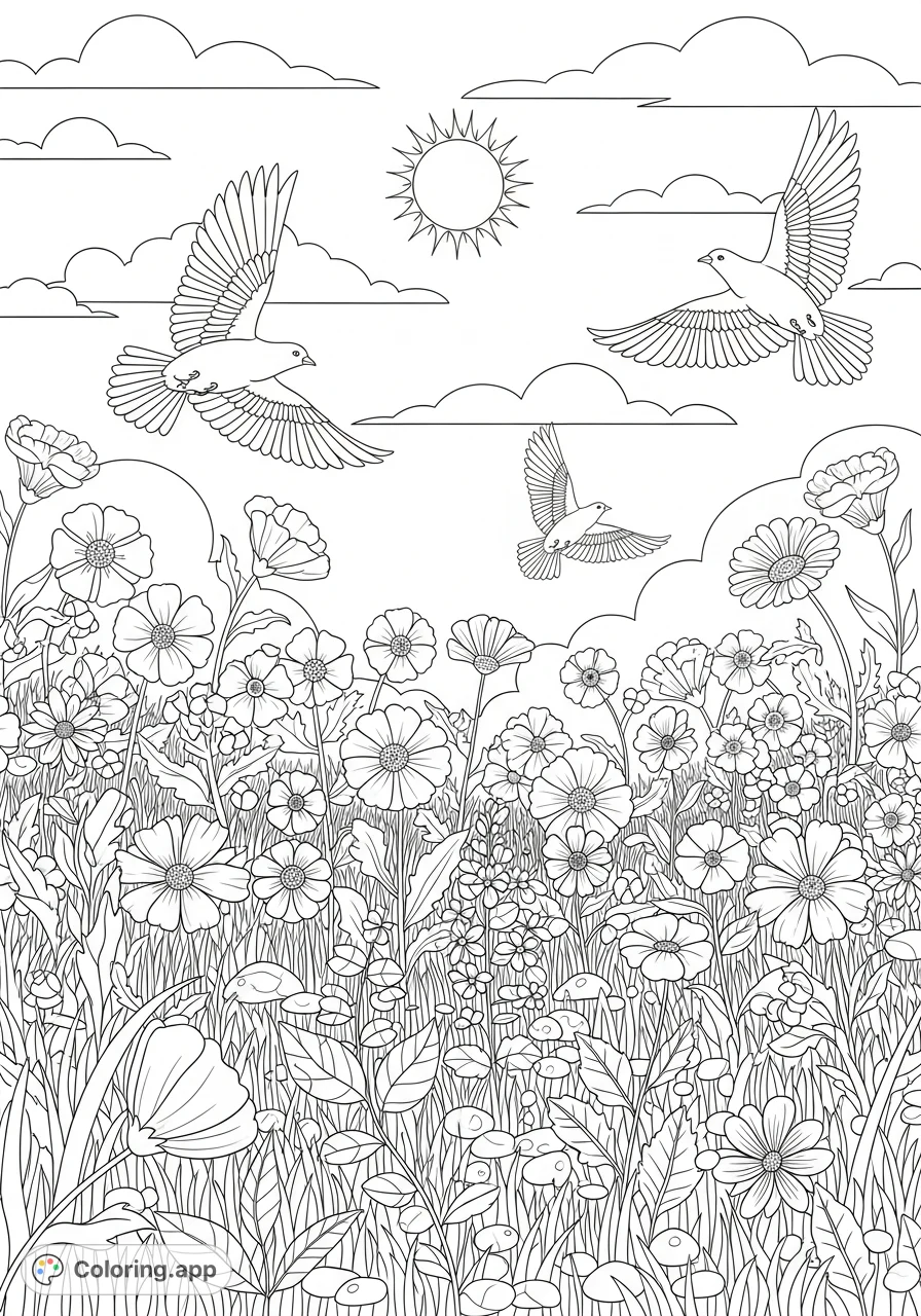 Discover a beautiful spring wildflowers coloring page with a radiant sun and birds soaring above a textured meadow. Perfect for nature lovers!