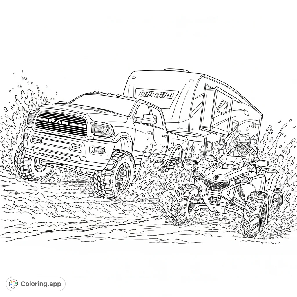 An adventurous Ram 2500HD truck on 38-inch mud grapplers pulls a fifth wheel camper through deep mud, with a Can-Am Renegade ATV on 33-inch Assassinators.