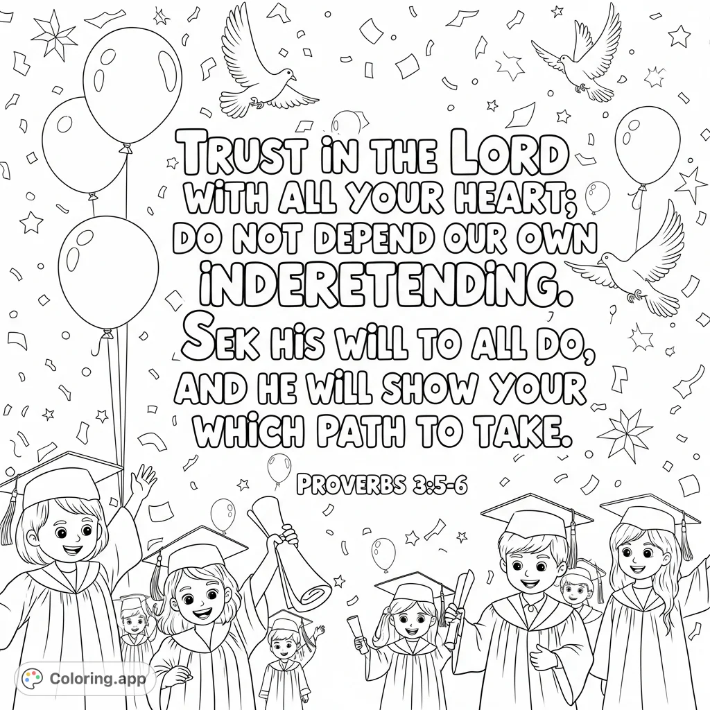 Celebrate achievements with this graduation scene featuring children in caps and gowns, a diploma, inspiring scripture, and festive elements for a joyful coloring experience.
