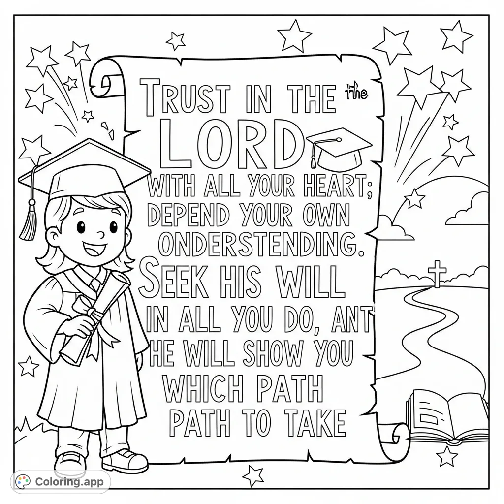 Celebrate milestones with this inspiring graduation theme coloring page for kids. Features Proverbs 3:5-6, a student, and symbolic elements.