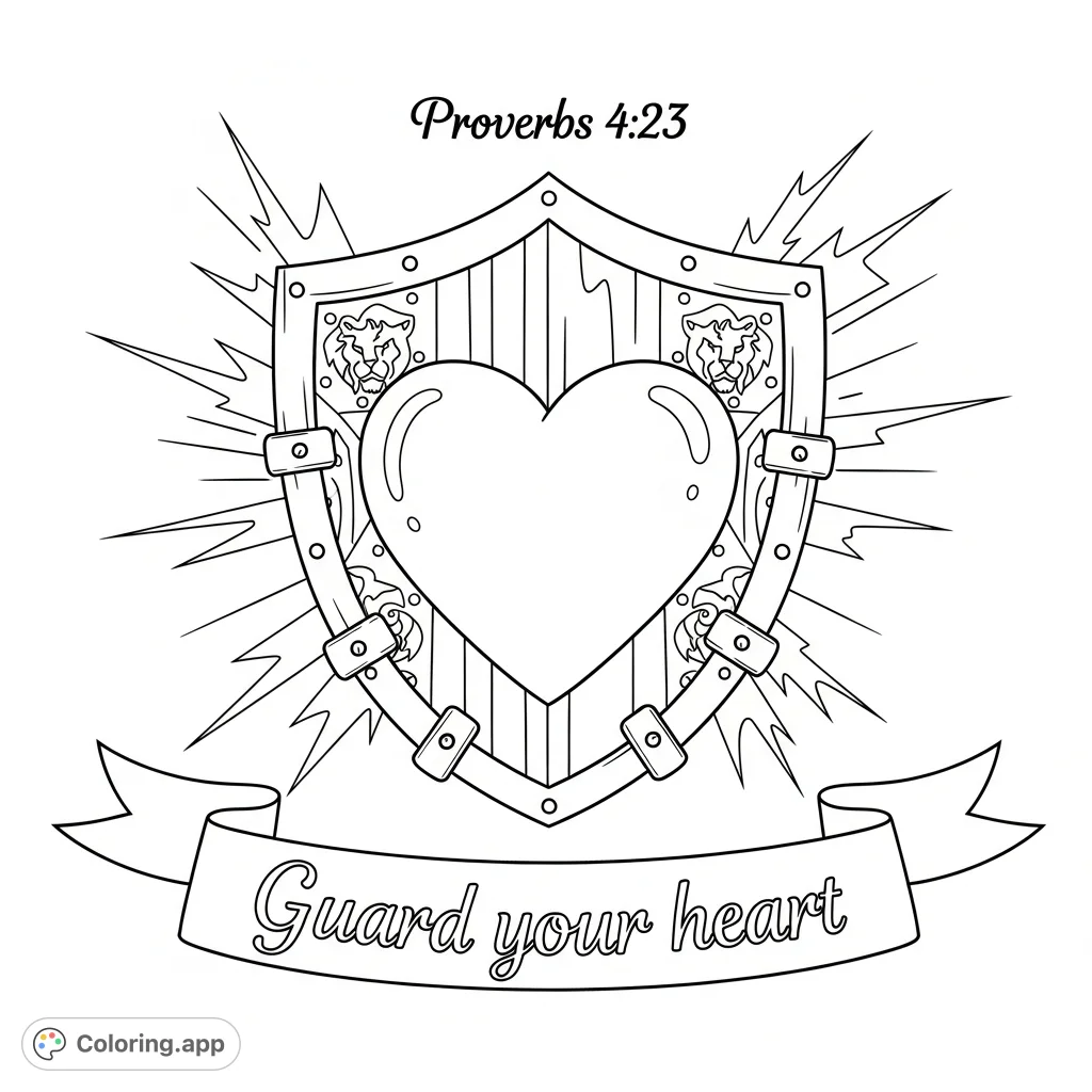 An empowering "Guard Your Heart" coloring page for boys, featuring a formidable shield, a bold heart, and "Proverbs 4:23".