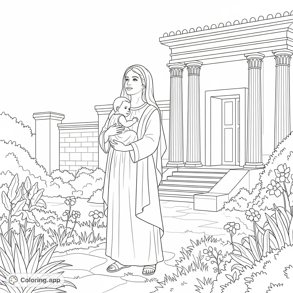 A heartfelt biblical scene featuring Hannah and her baby in a tranquil garden outside a temple, giving thanks. A peaceful and spiritual coloring page.