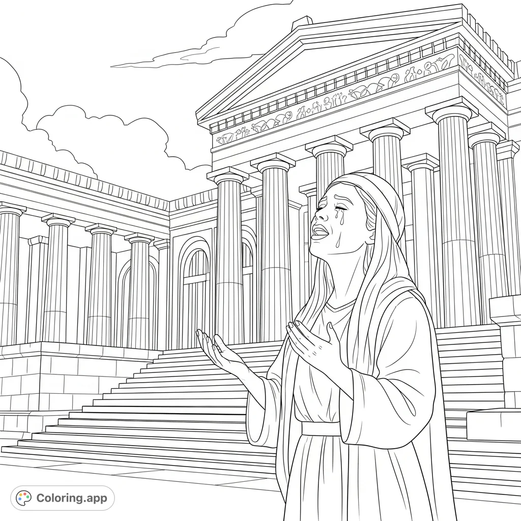 A powerful Biblical scene of Hannah outside the temple, singing a song of praise with tears of joy, depicting deep emotion and gratitude.