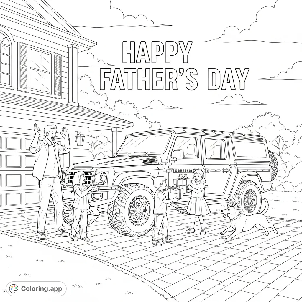 A heartwarming Father's Day scene: a dad surprised with an Ineos Grenadier Quartermaster by his family in their driveway, complete with a playful dog and "Happy Father's Day" text.