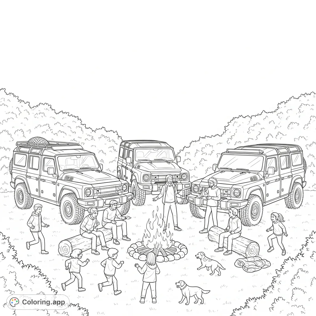 An exciting Ineos Grenadiers campfire scene with friends, family, kids, and dogs, perfect for adventure enthusiasts and detailed coloring.