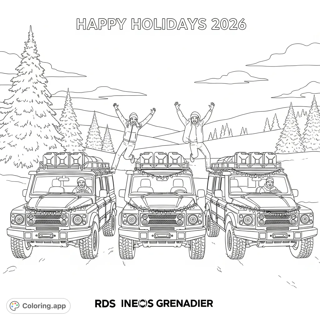 A festive INEOS GRENADIERS coloring page featuring Fieldmaster, Trialmaster, and Quartermaster vehicles in a snowy holiday scene with joyful people and text.