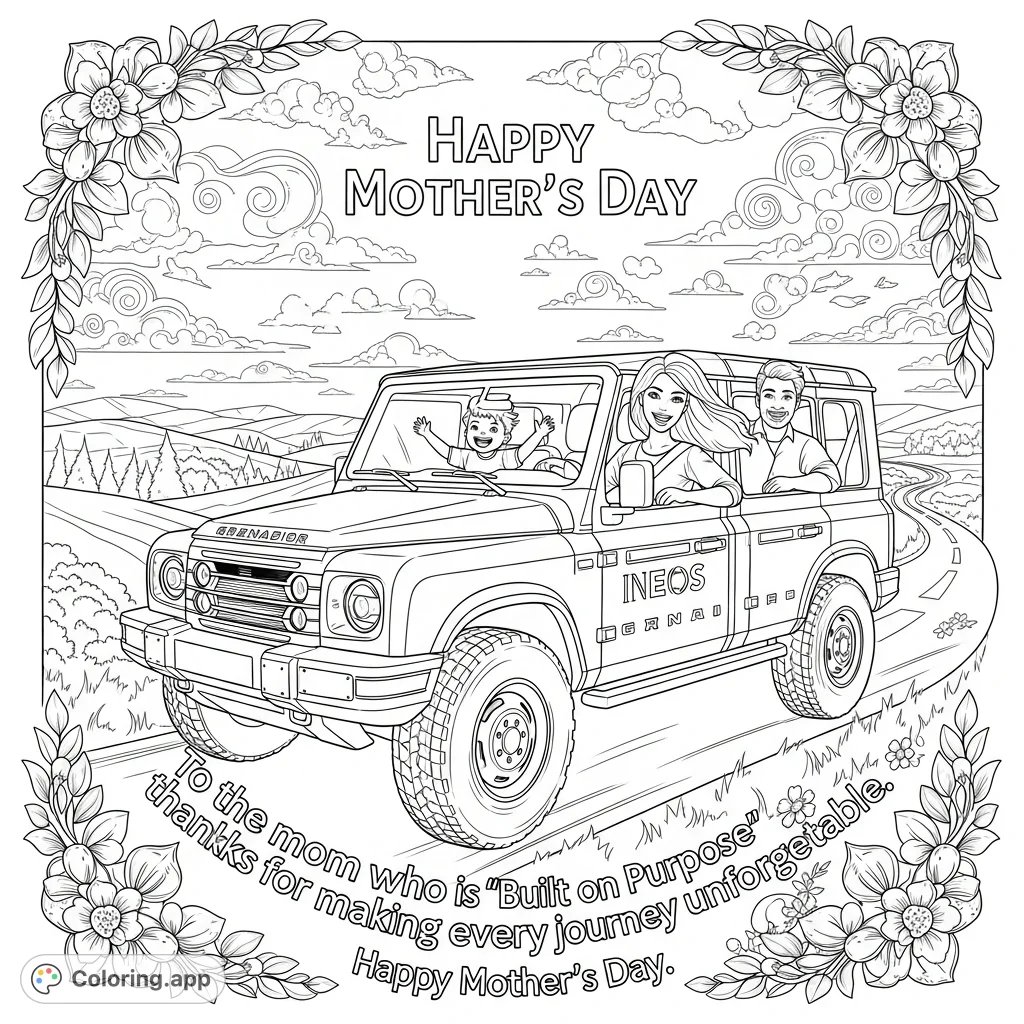 Celebrate Mom with this unique INEOS Grenadier coloring page! Features a happy mom driving her family, with special Mother's Day messages.