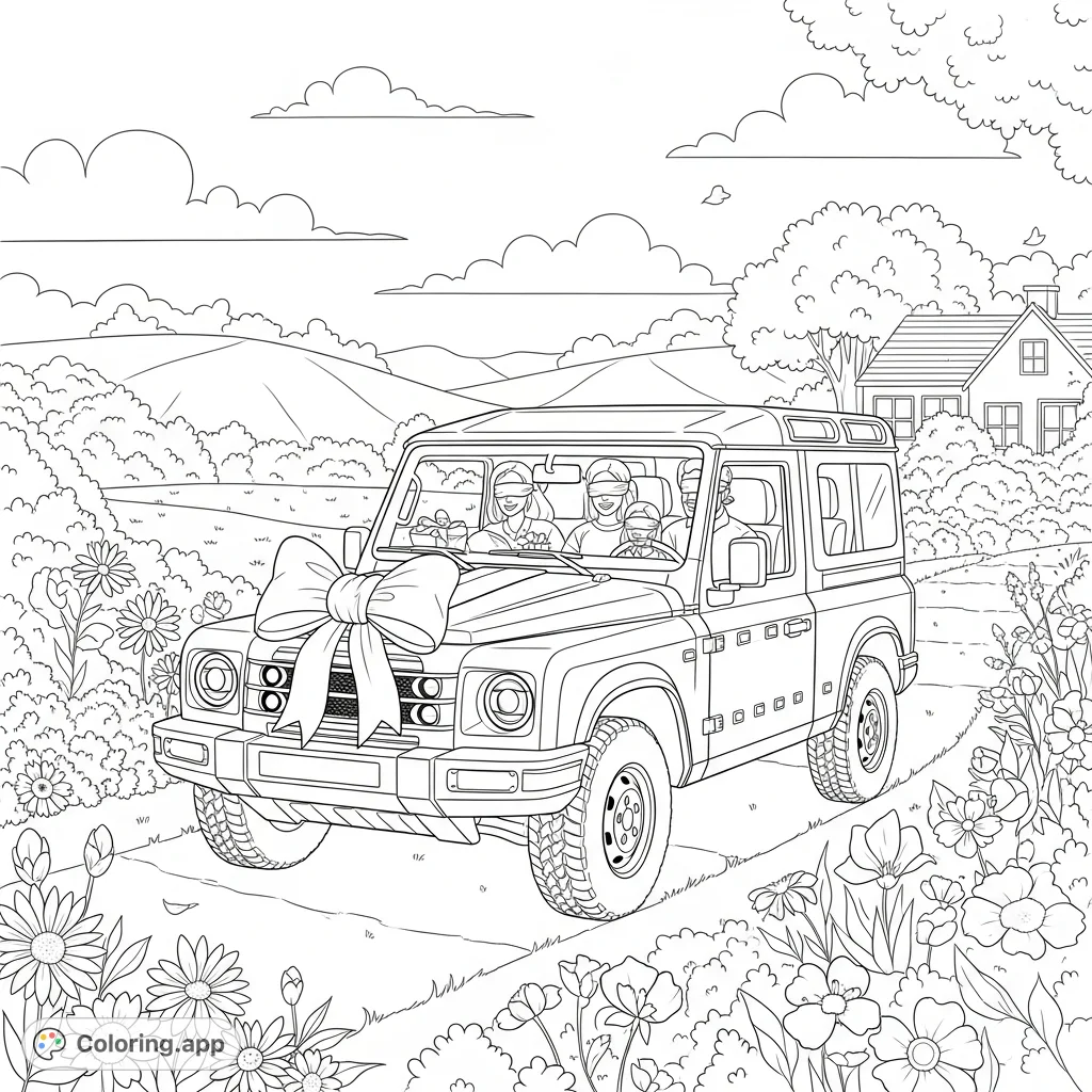 A special INEOS Grenadier, adorned with a bow, drives family through a flower garden for a heartwarming Mother's Day surprise. A unique, printable coloring page.