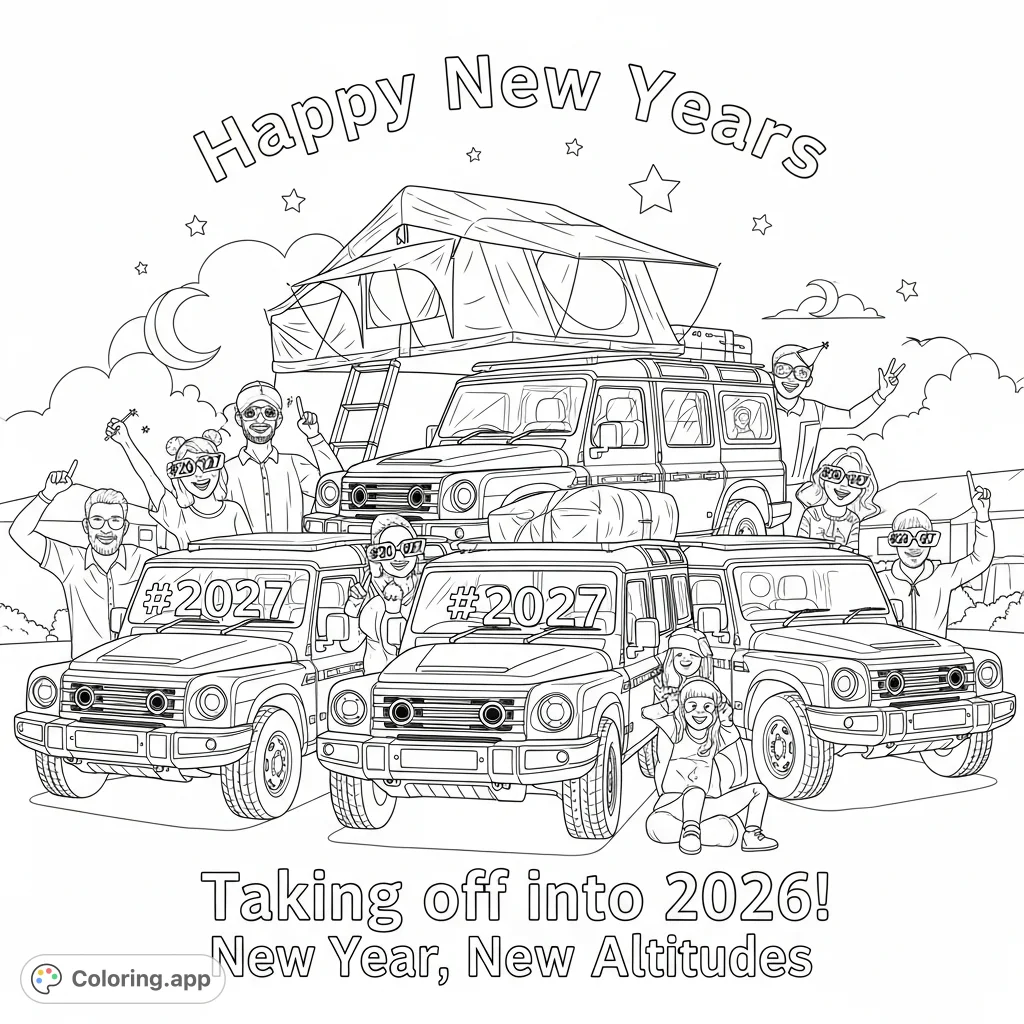Celebrate the New Year with three INEOS GRENADIER vehicles and cheerful families counting down to 2026! A fun, free printable coloring page.