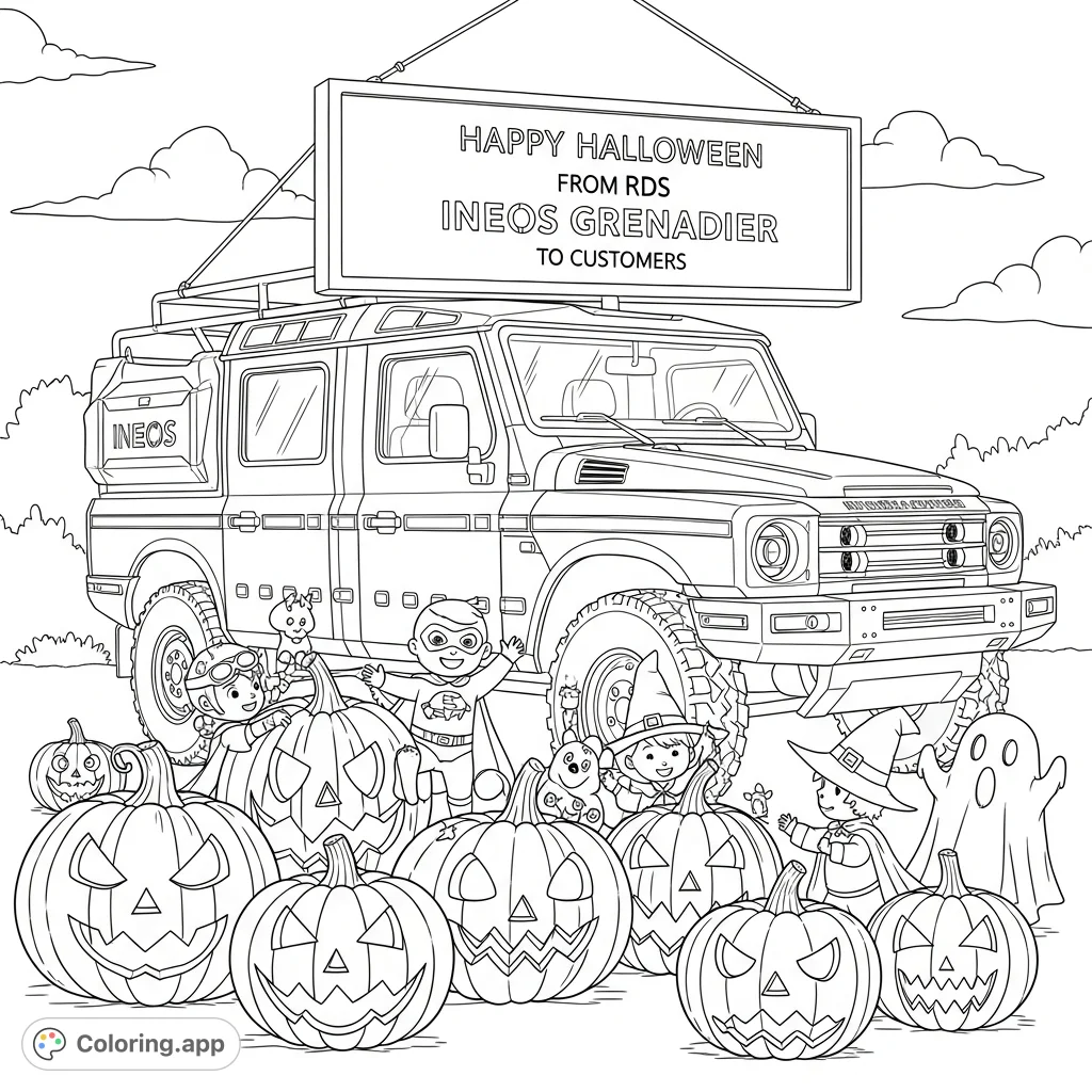 Celebrate Halloween with a fun coloring page! Features carved pumpkins, kids in spooky costumes, and an Ineos Grenadier field master.